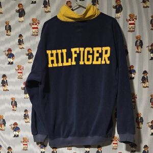 Vtg Tommy Hilfiger Athletics Blue Pullover Fleece "HILFIGER" Yellow Large
